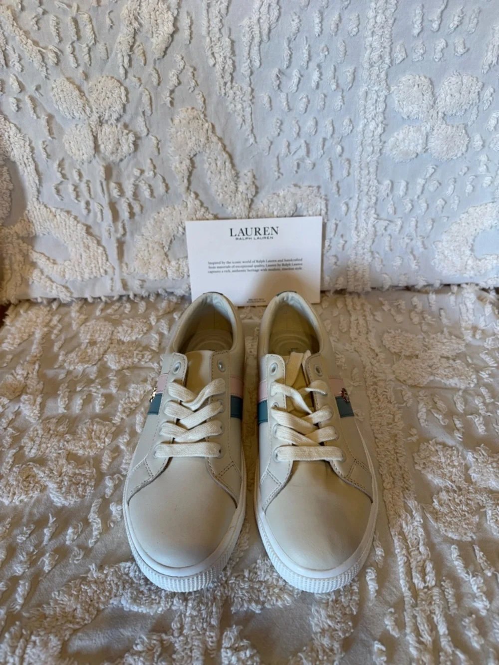 Lauren Ralph Lauren Cream Sneakers with Pink & Teal Stripes